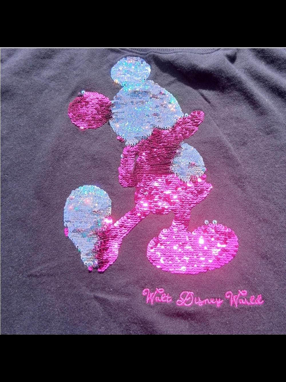 Disney Parks Mickey Mouse Disney World Sequin Pink Black Sweatshirt Sz Medium - Picture 2 of 8
